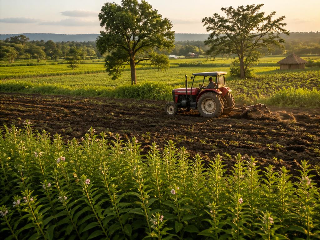 Smallholder farm with tractor and sesame plots